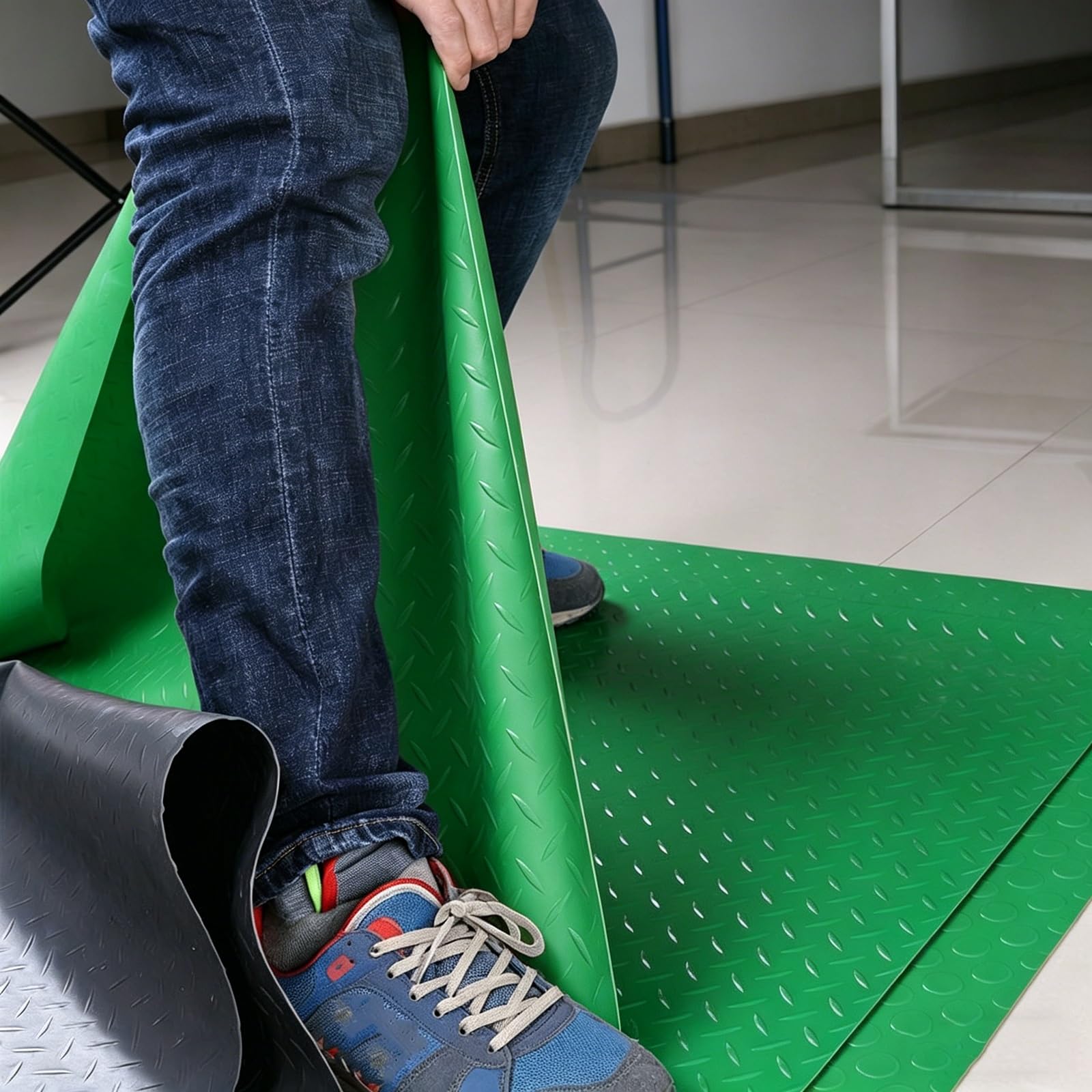 Noppenmatte Gummimatte Meterware Antirutschmatte 1.5 mm mit Diamantprägung, PVC Bodenmatte Rollen Zuschneidbar für Garagen Werkstatt Fitnessstudio und Aussenbereich(Grün,W 1 x L 5 M)