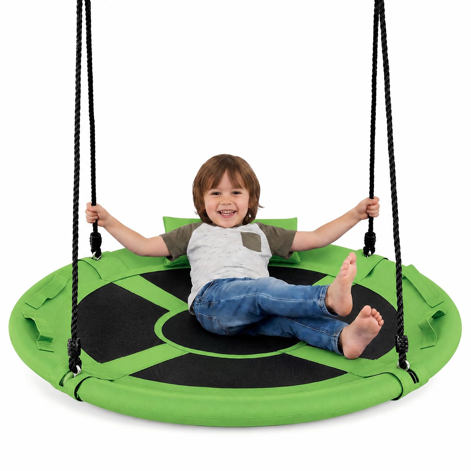 RELAX4LIFE Nestschaukel, Ø 100 cm Korbschaukel bis 150 kg belastbar, Kinderschaukel mit Kissen & Griffen, 100-180 cm höhenverstellbare Hängeschaukel, Tellerschaukel Rund für Outdoor & Indoor (Grün)