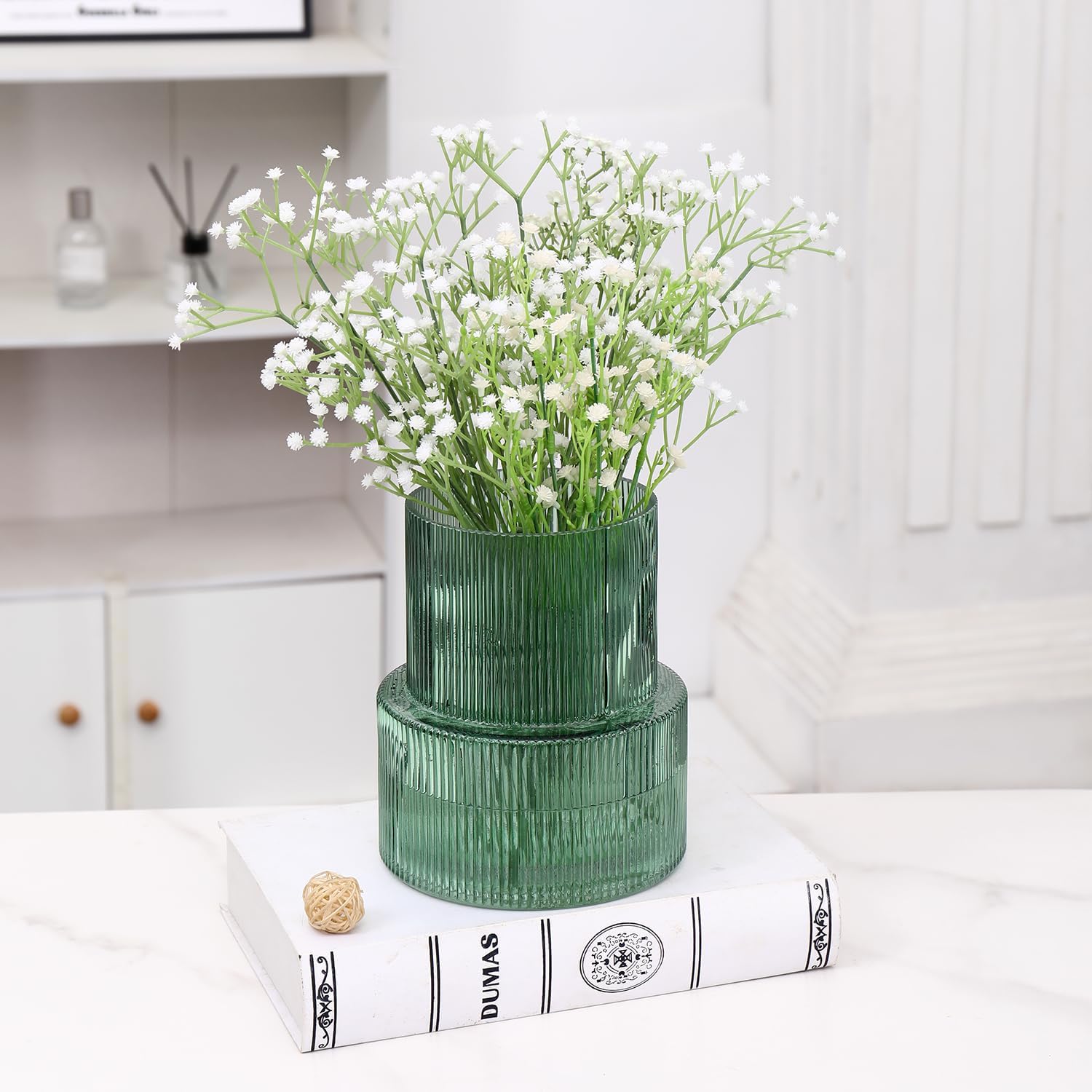 Green Glass Vase, Ribbed Glass Vase for Tulips, Flower Vases for Bouquet, Green Modern Vases for Living Room, Dining Table, Entryway, Mantle, Shelf, Wedding, Office, 7.5 Inches - Image 2