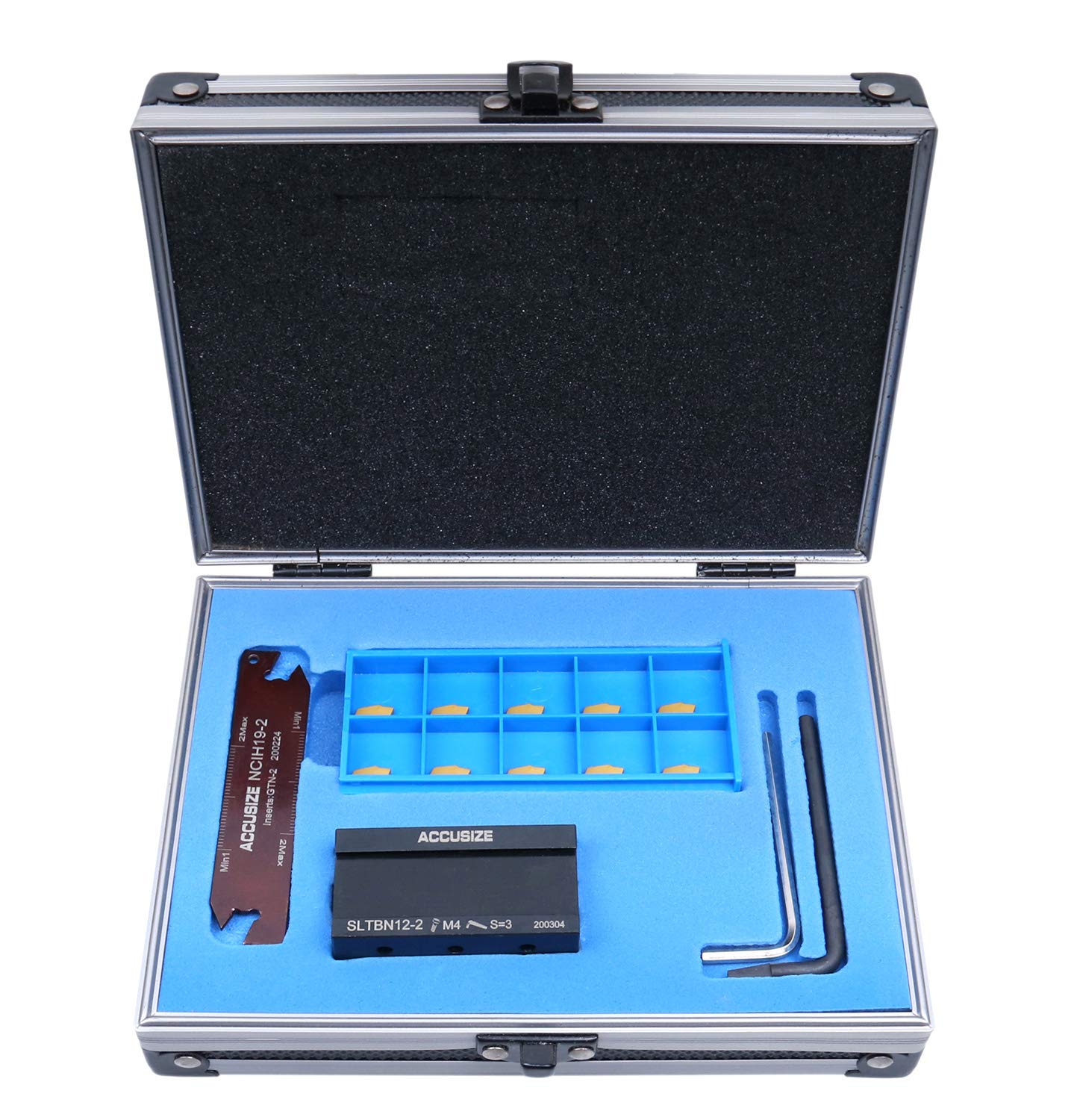 Accusize Industrial Tools1/2'' Self-Lock Block Sltbn12-2 with 10 Pcs Gtn-2 Carbide Inserts and 1 Pc 0.087'' - 0.094'' Width Ncih19-2 Blade, 2410-0012