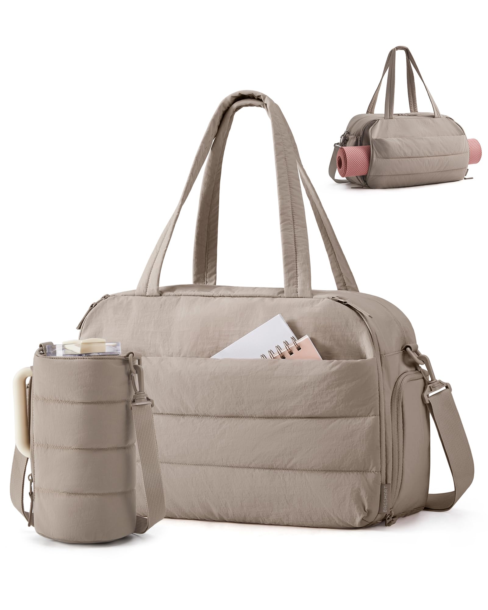 BAGSMART 2 Set Sporttasche Damen, Yogatasche mit Flaschenhalter, Kamel