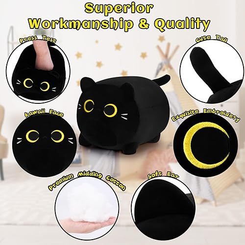 Miniatura 10 de Almohadas de felpa de gato negro de 16 pulgadas, peluche de gato negro con ojos dorados, felpa de anime de gato, lindo peluche de gato de peluche,
