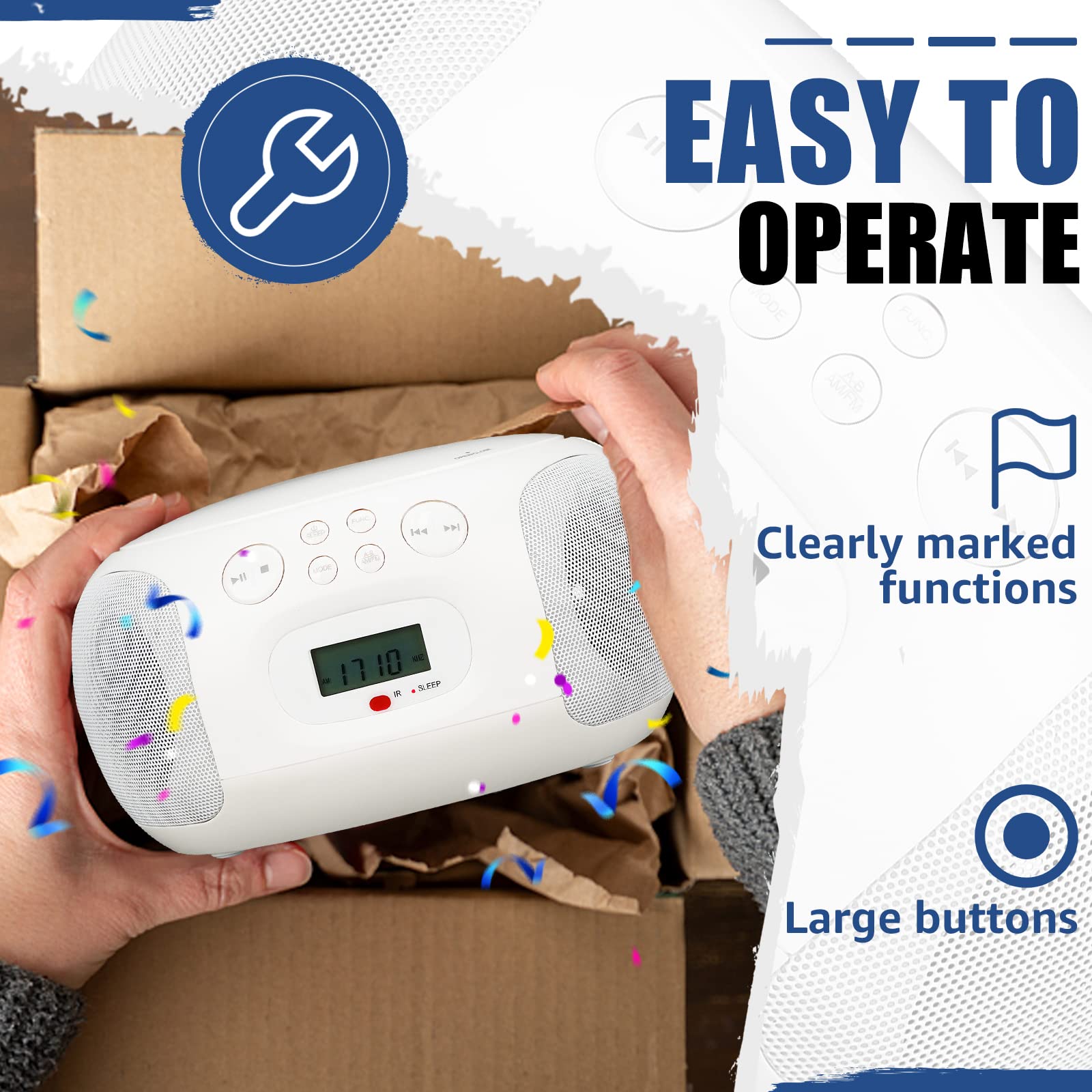 Retekess TR636 Player Portable CD,Boombox Bluetooth,Radio FM Am, USB AUX,Se Puede Cargar,Operación Simple,Adecuada para niños y Ancianos (Blanco)