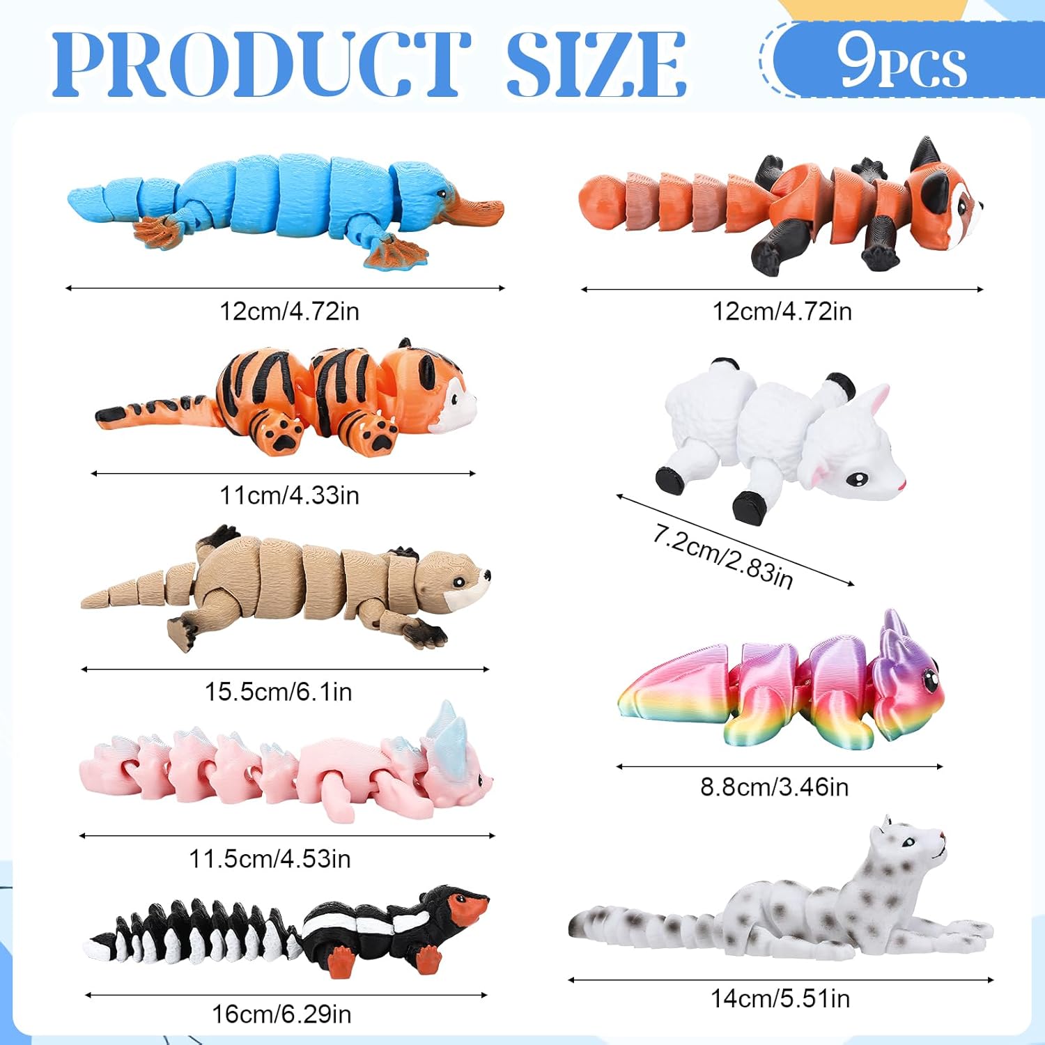 9pcs Articulated 3D Printed Animal Figures Articulated Tiger Platypus Fox Raccoon Skunk Snow Leopard Otter Sheep Axolotl for Desktop Display