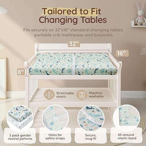 Miniatura 3 de Fundas para cambiador de bebé para niña, de 32 x 16 pulgadas, bolsillo profundo de 8 pulgadas, funda náutica, 100% algodón para cambiar pañales de