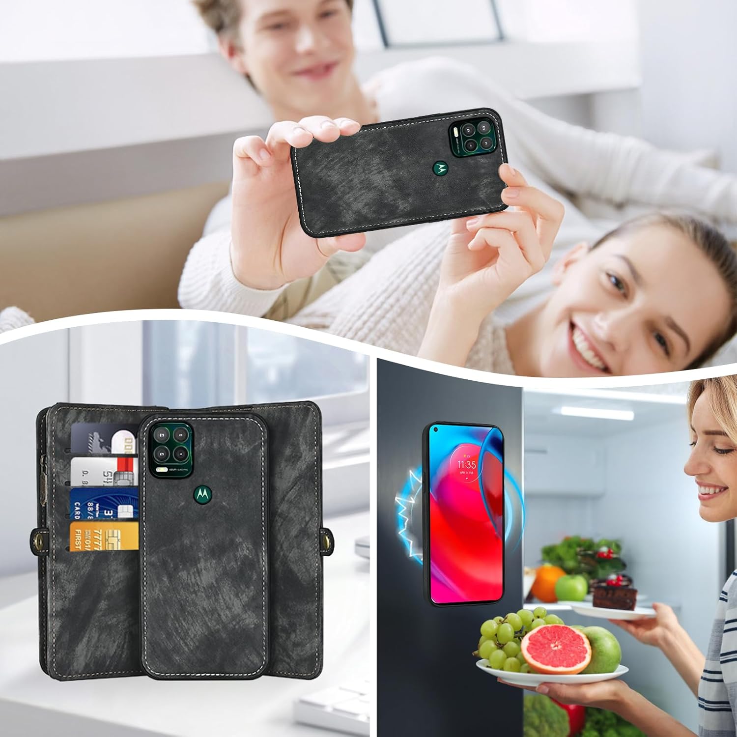 Asuwish Phone Case for Moto G Stylus 5G 2021 Zipper Wallet Magnetic Detachable Cell Cover with Tempered Glass Screen Protector Crossbody Strap Flip Card Holder Motorola GStylus G5 XT2131DL Women Black