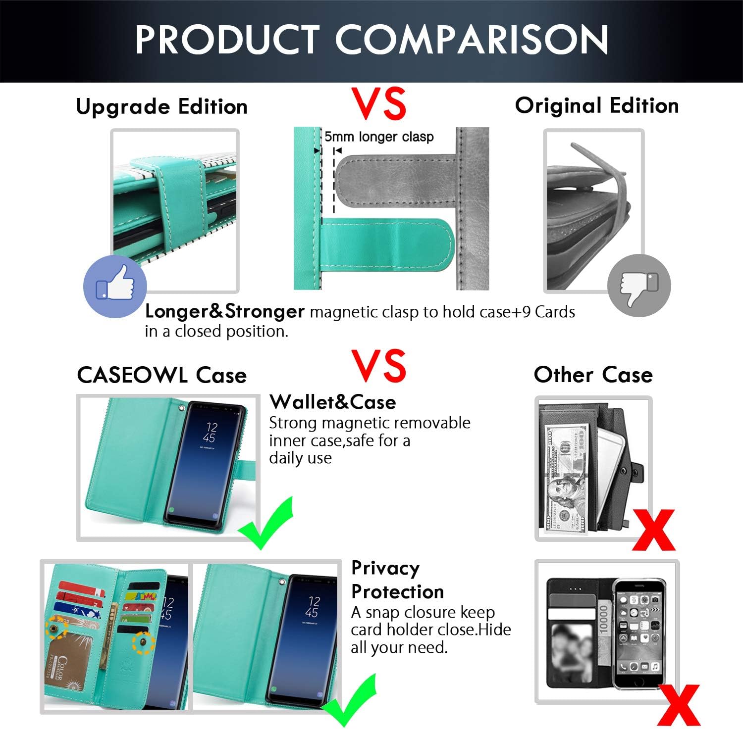 Galaxy Note 9 Cases, Magnetic Detachable Lanyard Wallet Case with 9 Card Slots, Kickstand, Hnad Strap for Galaxy Note 9, CASEOWL 2 in 1 Folio Flip Premium Leather Removable TPU Case(White&Mint Green)