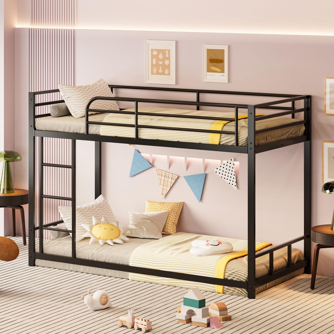 NestLude Metal Bunk Bed Twin Over Twin, Bunk Beds Frame with Ladder & Full-Length Guardrail, Space-Saving, Easy Climbing & Assemble, Noise Free (Black