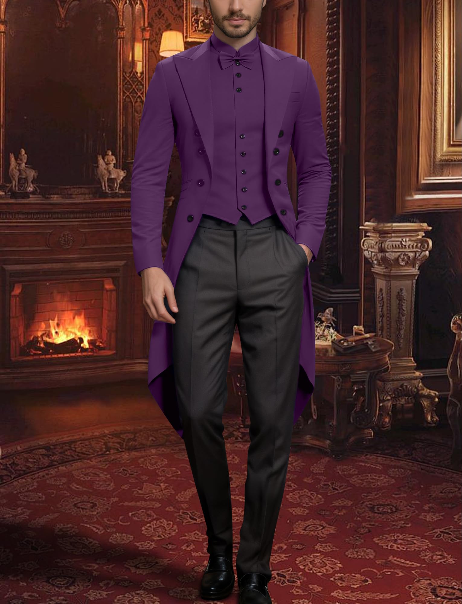 Maeau Mens Tailcoat Jacket Medieval Tuxedo Retro Jacket Gothic Victorian Frock Coat Purple L - Image 3