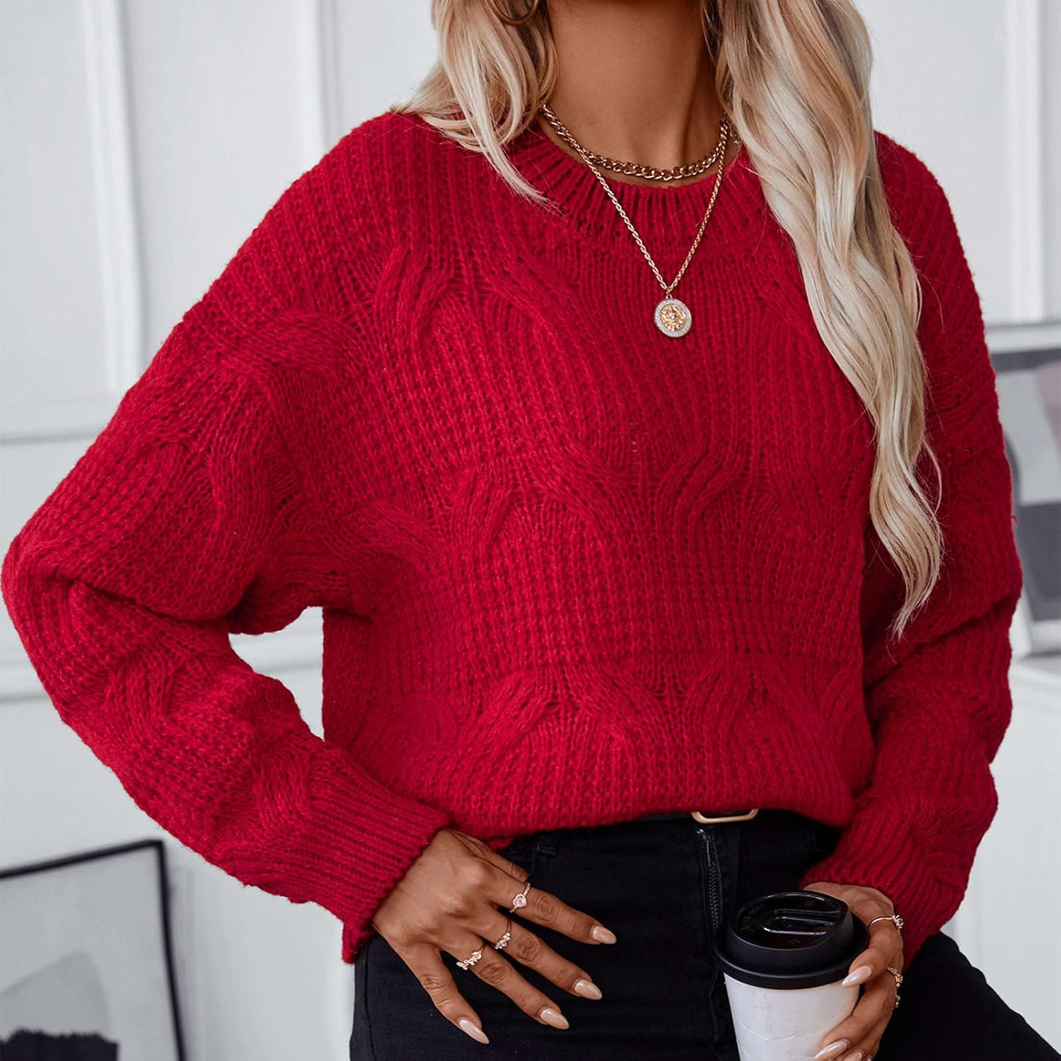 Womens Solid Knit Cable Sweater Casual Long Lantern Sleeve Pullover Crew Neck Knitted Tops Fall Winter Loose Knitwear