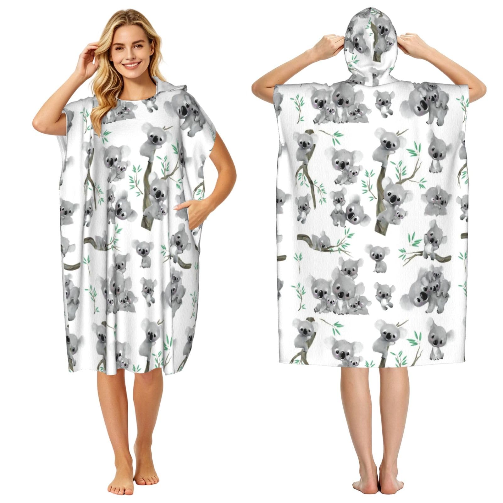 Poadnly Koala, Adult Hooded Beach Towel 90 x 110 cm,Changing Bath Robe, Surf Poncho Towel For Women Men