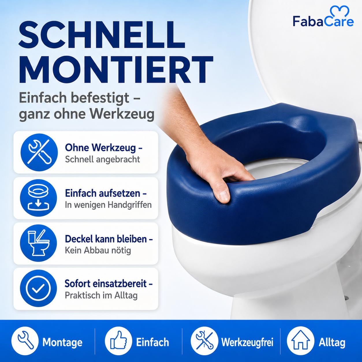 FabaCare Toilettensitzerhöhung Conti Soft, weicher Toilettenaufsatz, WC-Sitz blau, bis 100 kg, Höhe 10 cm