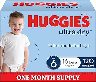 Huggies Ultra Dry Nappies Boys Size 6 (16+kg) 120 Count - One Month Supply (Packaging May Vary)