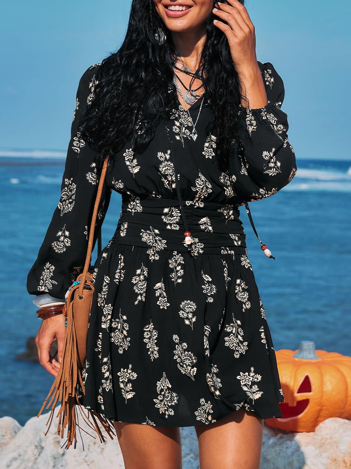 CUPSHE Women's Floral Mini Dress Tie Neck Puff Sleeves Ruffle A Line Tunic Casual Fall Dress - Image 3