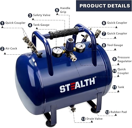 Miniatura 3 de STEALTH Tanque de aire, tanque de aire de alta presión de 10 galones con presión máxima de 225 psi, ideal para trabajos de inflación, Blue-Saa-110T