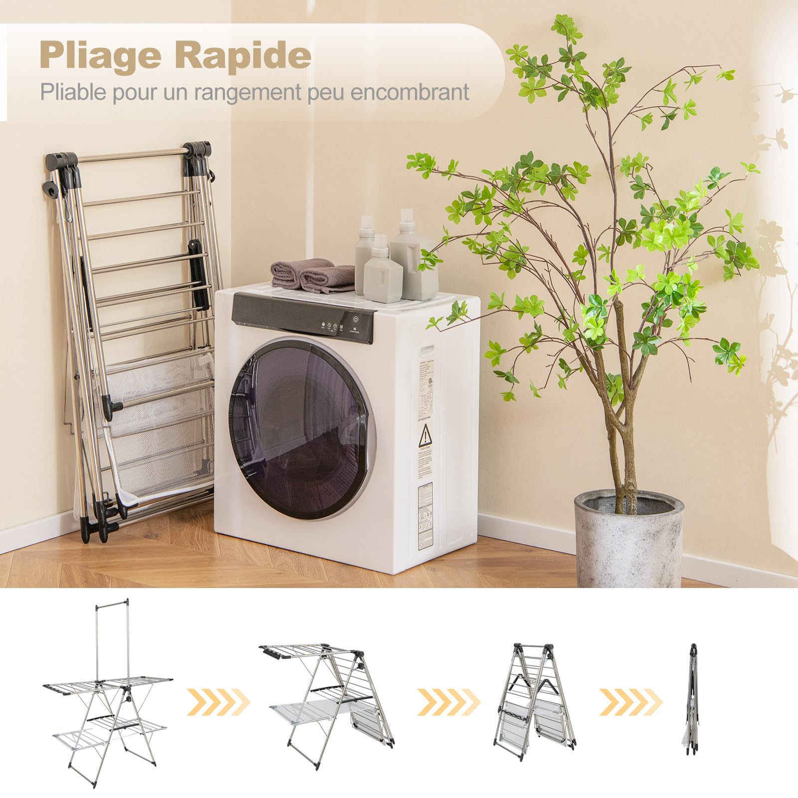 COSTWAY Étendoir Linge Intérieur, Sechoir à Linge Pliable en Acier Inox, Cintre Haut 182 cm, Grand Filet de Séchage, Tancarville Linge Solide Réglable 70-140 cm, Cintre Chaussures, Pince de Chaussette
