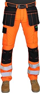 Men’s Hi Vis Work Trousers Three Stitch Cargo Knee Pad Pocket Holster Pocket Workwear Pants