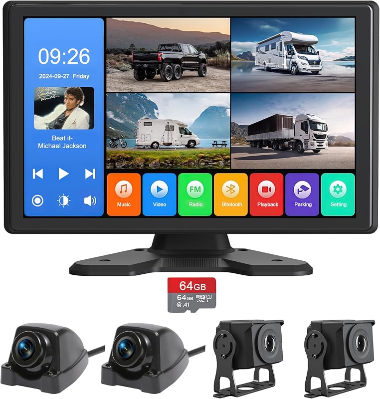 4 Channel Backup Camera System,Touchable 10.26 inch Monitor with DVR Stereo, 64GB Card, IP69 Waterproof, Nightvision 1080P Backup Camera for RV/Truck/Trailer Pickup,Rear Side Front Wired System