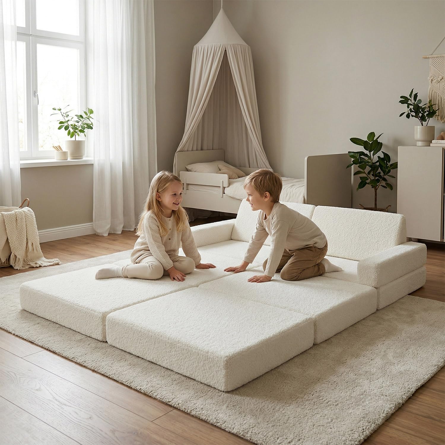 KiddyMoon Canapé Enfant en Mousse Et Housse Teddy, Modulaire Et Pliable, pour Jouer, Lire Et Se Détendre, Crème