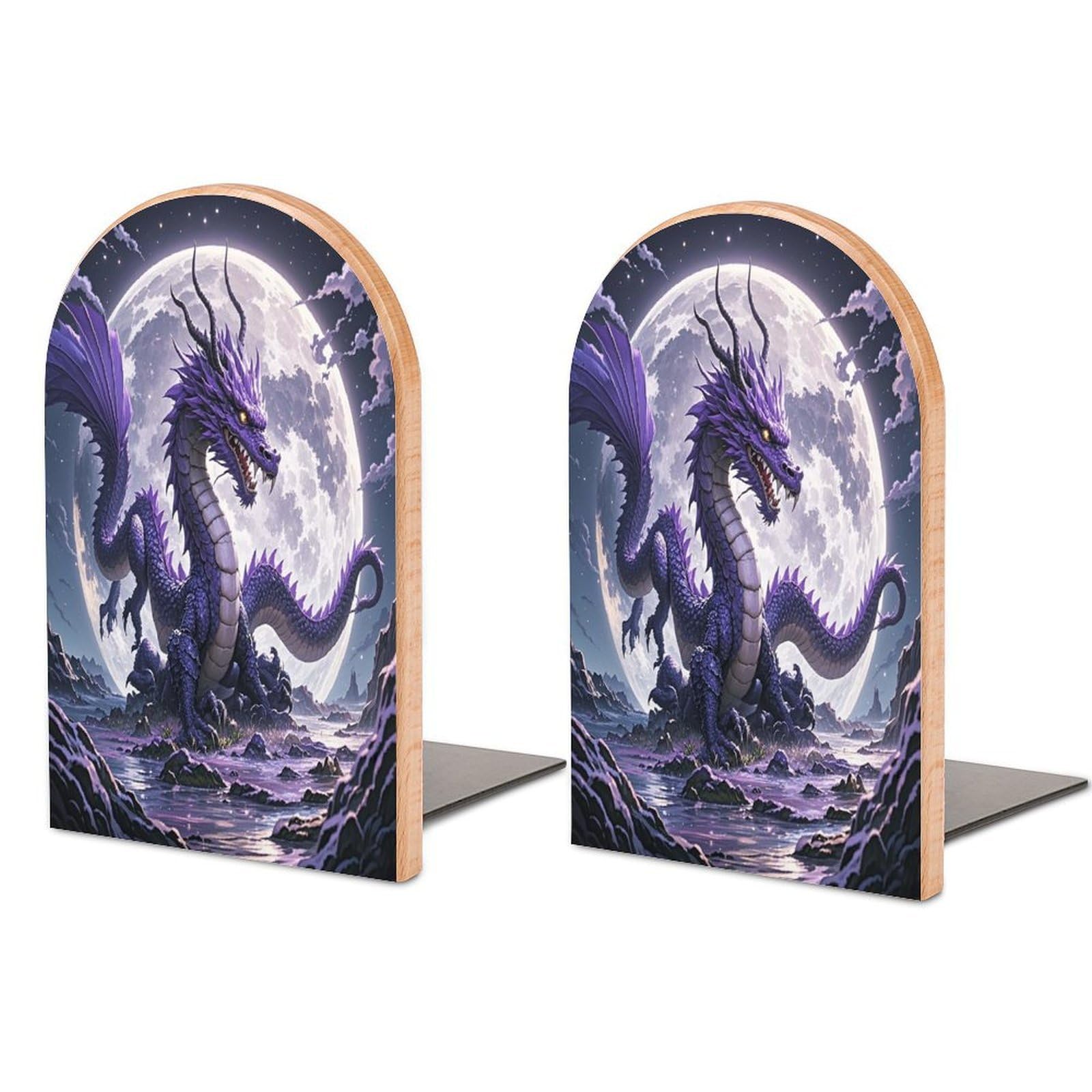 Purple Dragon Purple Moon Bookend for Shelves Unique Book End Sturdy Books Holder Heavy Duty Wooden Bookends Support Non-Slip Book Organizers Decorative Modern Bookend Holder for Home