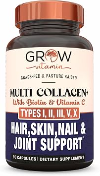 grow vitamin Multi Collagen Capsules, 1800MG Types I, II, III, V & X - Non-GMO, Grass Fed Collagen - Anti Aging Support for Hair, Skin, Nails - Protein Pills for Joint Support - 90 Capsules