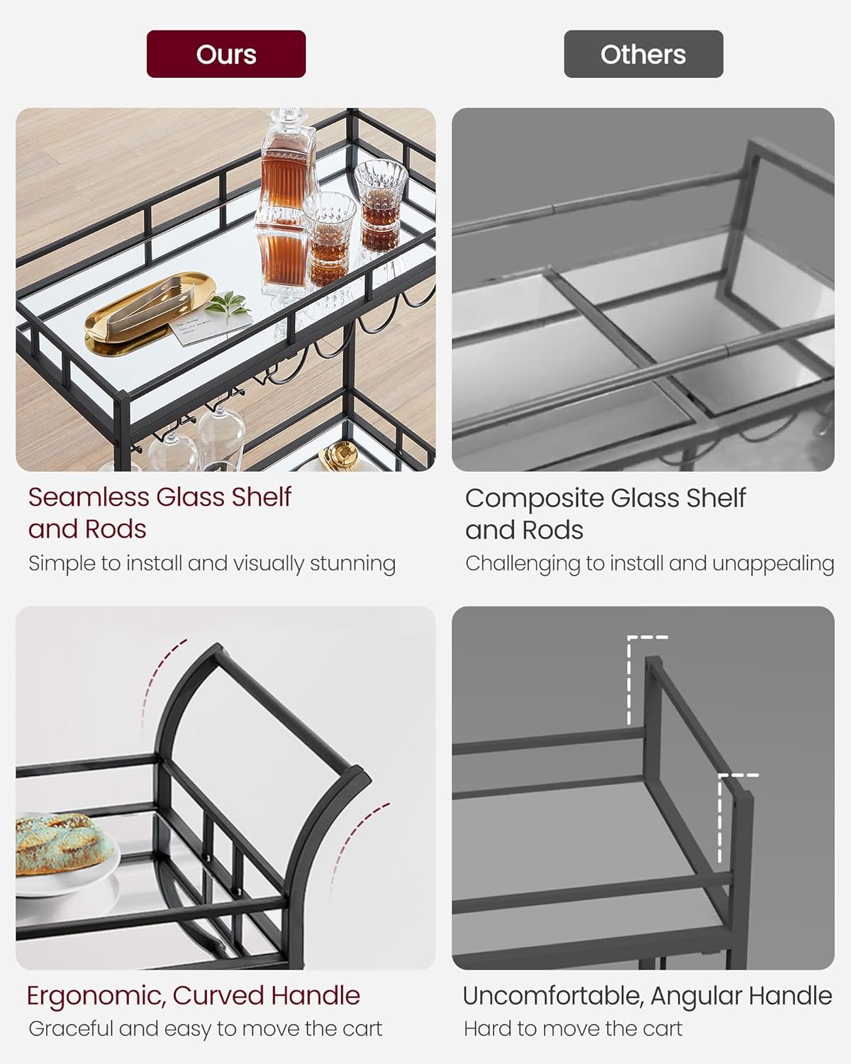 Black Steel Bar Cart with Mirrored Shelves and Storage