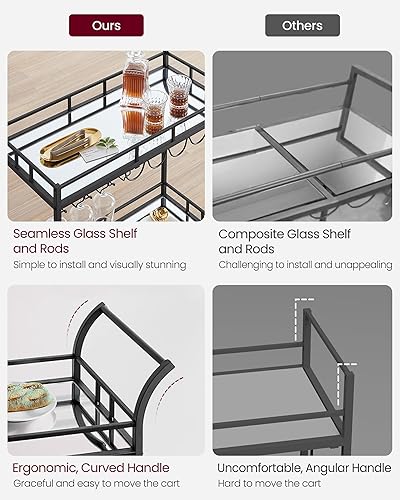 Miniatura 7 de VASAGLE Carrito de bar negro, carrito de servicio de bar en casa, carrito de vino con 2 estantes espejados, soportes para vino, soportes de vidrio,