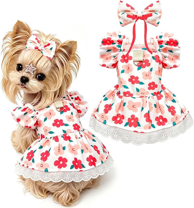 Vestido com Peitoral para Cães e Gatos Pequenos ABRRLO com Laço, Argola D e Guia – Red Flower, Small
