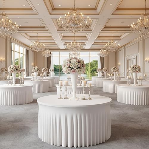 Miniatura 95 de Mantel redondo de 60 pulgadas blanco con borde elástico – Mantel ajustado sin arrugas y lavable para mesa redonda de 5 pies, mantel reutilizable