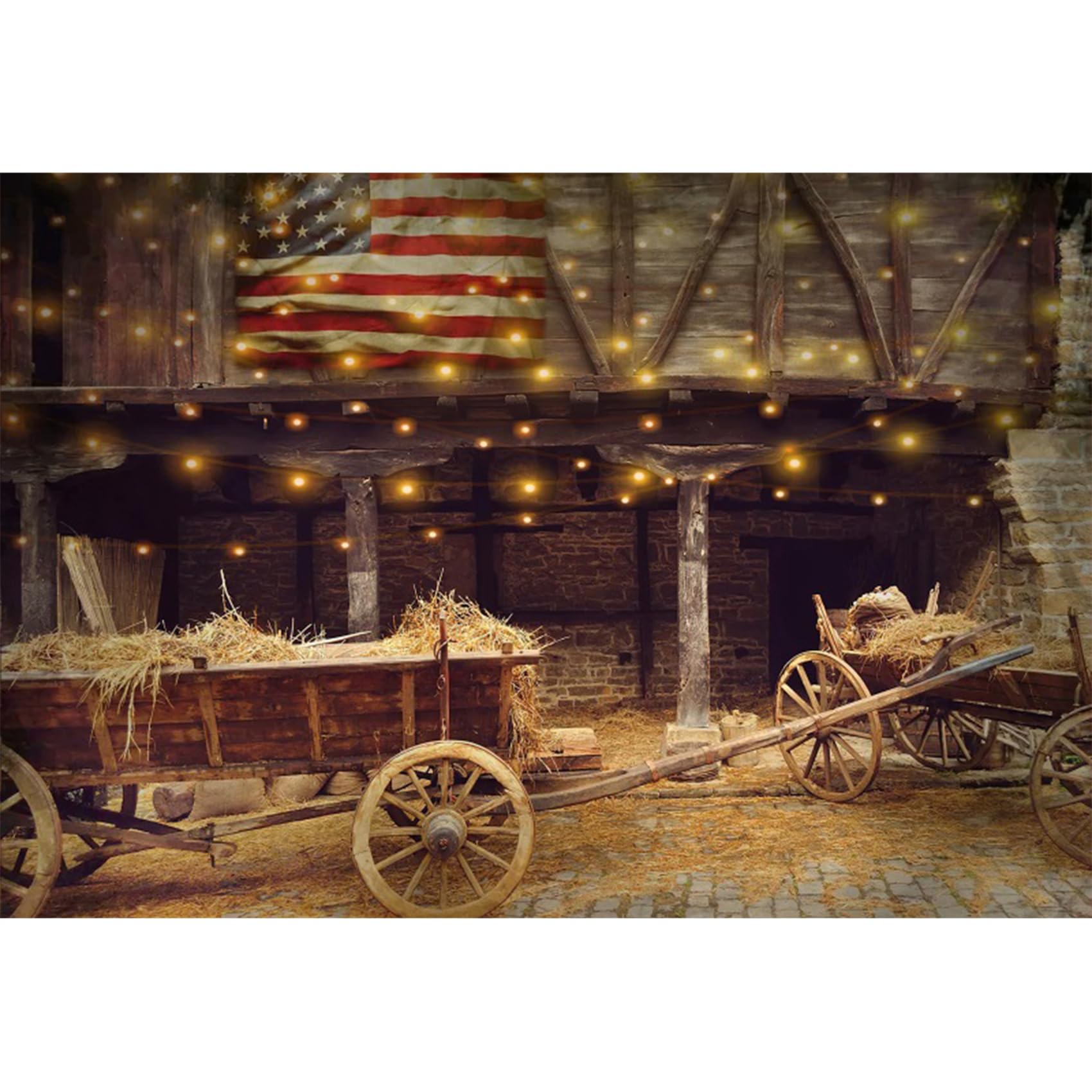 Renaiss 7x5ft Western Barn Backdrop for Photoshoot Kids Adults Portrait US Flag Light Strings Hay Wooden Cart Rural Cowboy Photography Background Baby