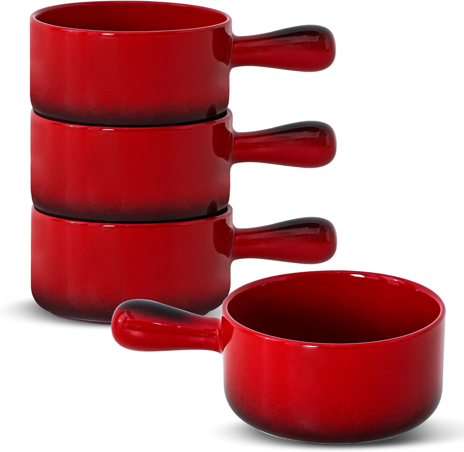 French Onion Soup Bowls With Handles Set Of 4 20Oz Oven, Microwave, and Dishwasher Safe, Stackable, Shatter-Resistant Soup Bowls, Ideal for Chili, Beef Stew, Oatmeal, and Cereal (Red)