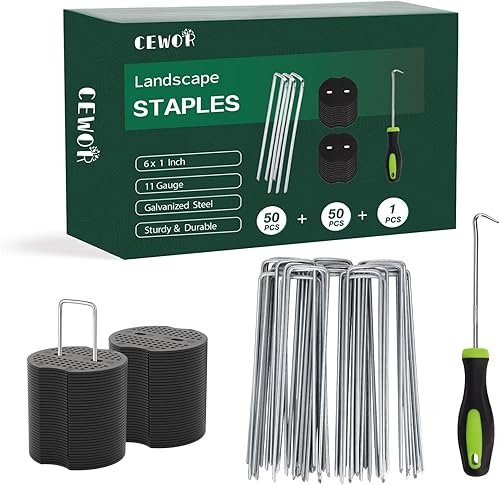 CEWOR Juego de grapas de paisaje, estacas de jardín, 50 estacas de calibre 11 de 6 pulgadas y 50 juntas, estacas de jardín galvanizadas con gancho y