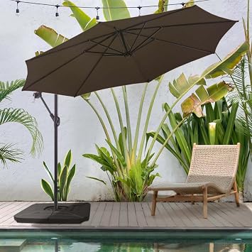 BLUU 10 FT Patio Offset Umbrella Outdoor Cantilever Umbrella Hanging Umbrellas, Fade Resistant Crank & Cross Base Brown, 10 FT