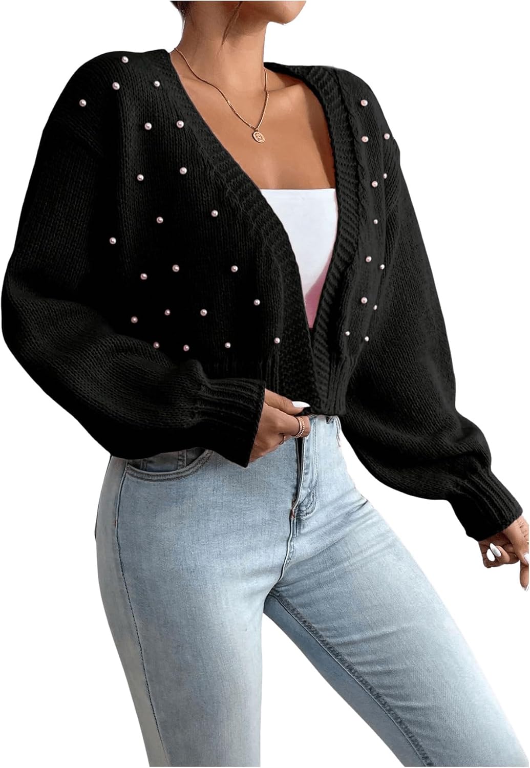 SHENHE Women's Pearl Beaded Open Front Cardigan Oversize V Neck Drop Shoulder Cropped Sweater - Image 3