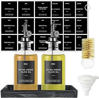 QPIX DIGITAL Oil and Vinegar Dispenser Set with Metal Weighted Pourer 350ml Glass Olive Oil Dispenser for Kitchen with Silicone Tray, Labels, Funnel & Brush,Black Oil Dispenser for Kitchen Set of 2
