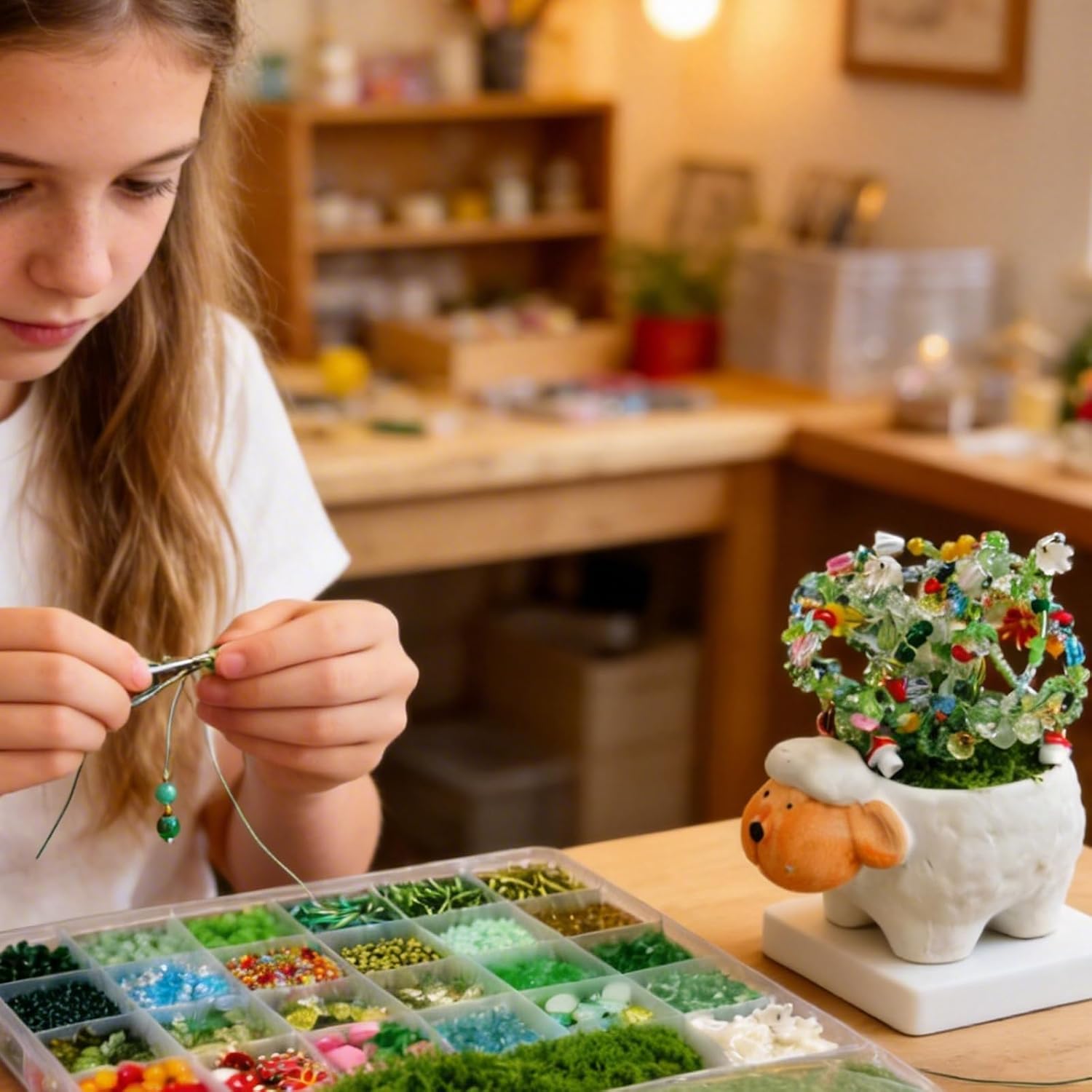 YLINKZORMA Beaded Plant Kit, Green Glass Forever Plant Beads Jewelry Making with Flower, Leaf, Crystal, Beaded Plant Crafting & DIY Handicrafts, Gift for Plants Enthusiasts