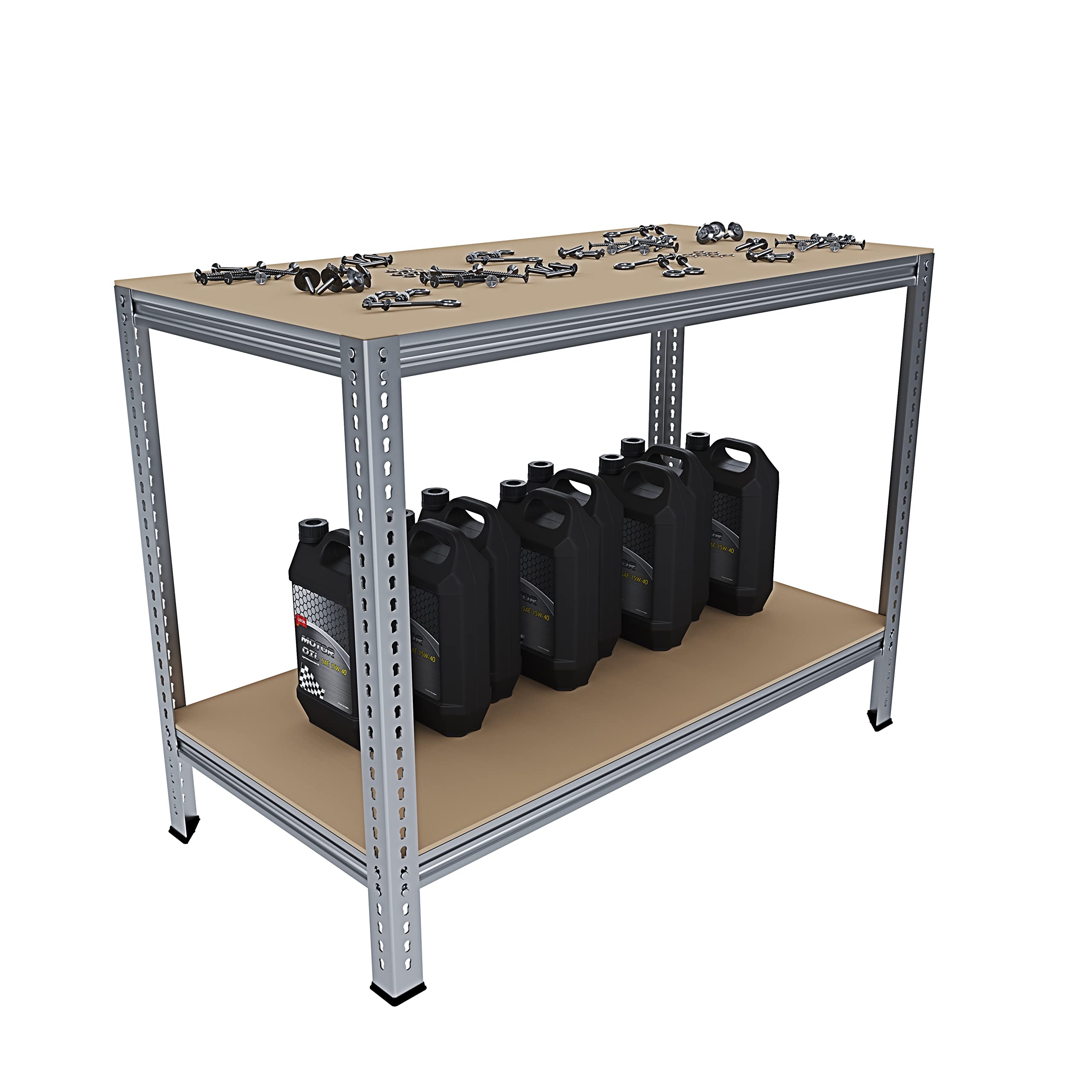 Banco Tavolo Da Lavoro Senza Bulloni In Acciaio Metallo e MDF Portata Fino a 1200 Kg Con 2 Ripiani Regolabili Ideale Per Garage Officina Cantina Capannone Magazzino Design Modulare 96 x 120 x 60 cm
