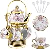 20 Piece Ceramic Tea Sets with Teapot, 3 oz Tea Cup and Saucer Set, Porcelain Tea Sets with 15 oz Teapot, Afternoon Tea Set, Coffee Set with Metal Cup Holder, Tea Cups Sets of 6, Teapot and Cup Set