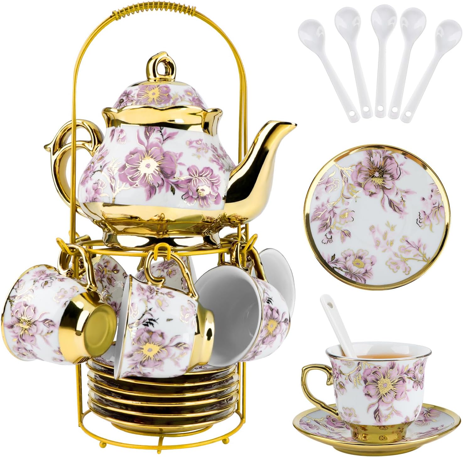 20 Pieces Porcelain Tea Set with Metal Holder,European Ceramic Tea Set for Adults,Flower Painting Teapot Cup Saucer Spoon Set Serving 6 People