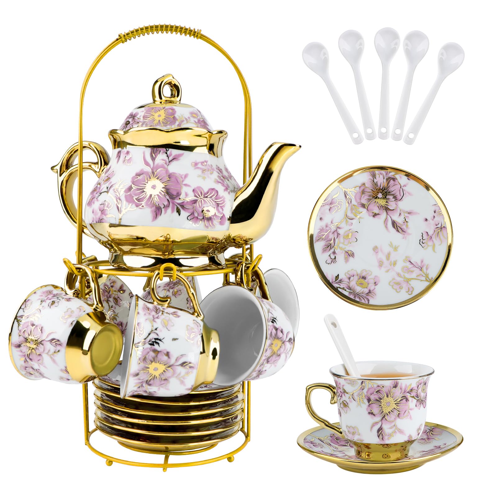 Hebaogugu 20 Pcs Porcelain Tea Set for Adults, European Tea Set with Teapot for Afternoon Tea & Party, Floral Tea Cup Saucers Set with Metal Holders(Purple,450 ml)