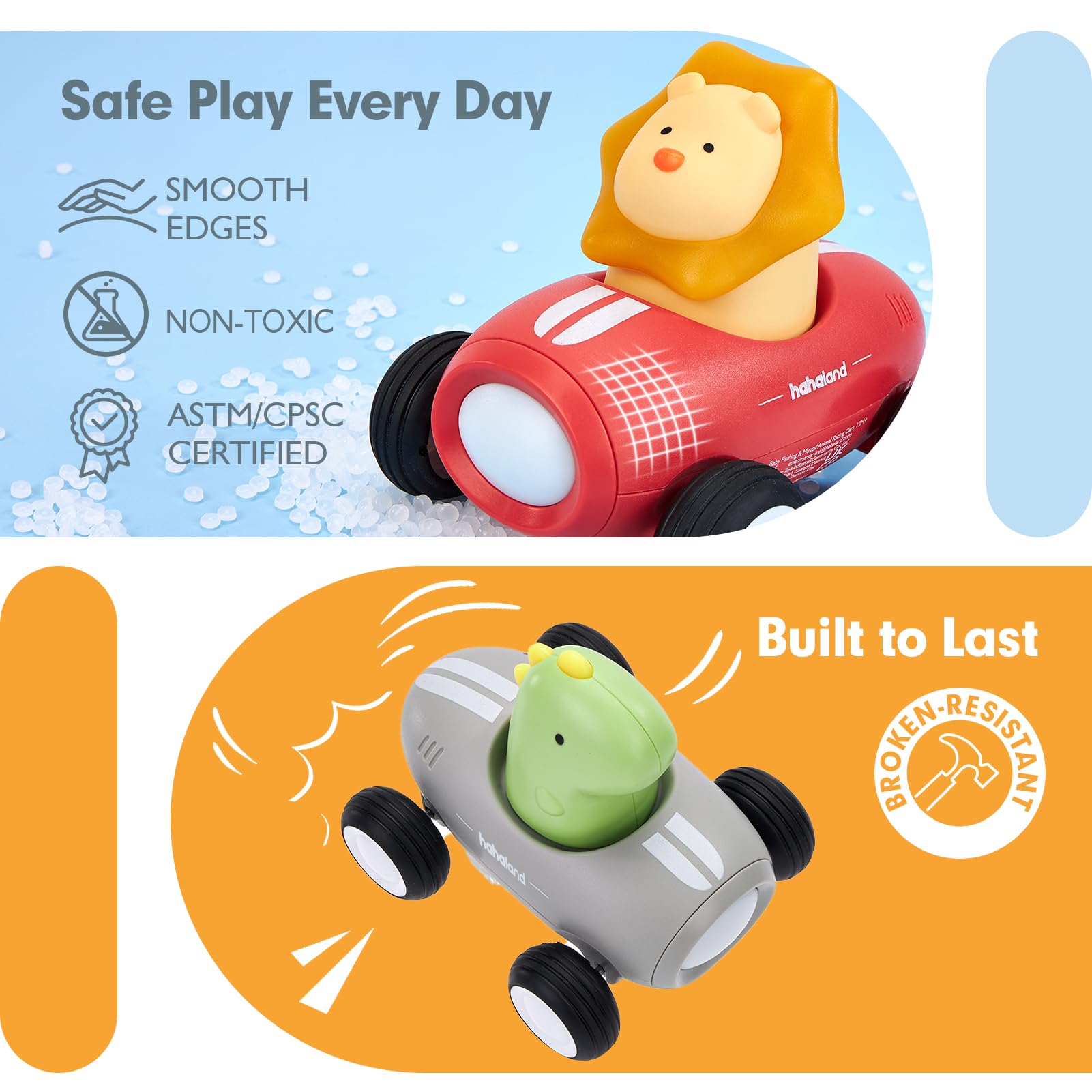 hahaland Giochi Bambini 1 Anno - 3 PCS Set Macchinine per Bambini con Musica & Luci, Macchinine Giocattolo Inerzia di Dinosauri, Coniglio e Leone, Regalo Gioco Bambino 1 2 3 Anno Musical