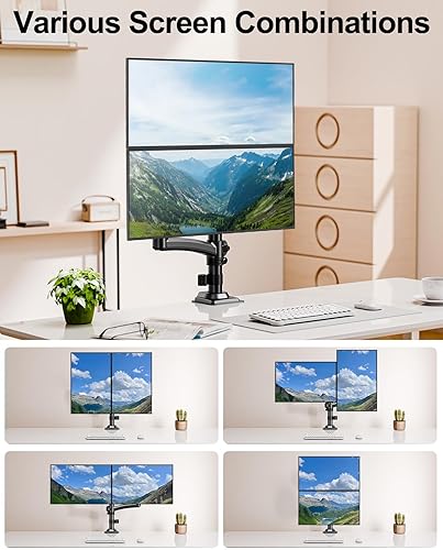 Miniatura 8 de Soporte de monitor doble para escritorio, brazos de monitor más altos para 2 pantallas de hasta 32 pulgadas, soporte ergonómico ajustable para