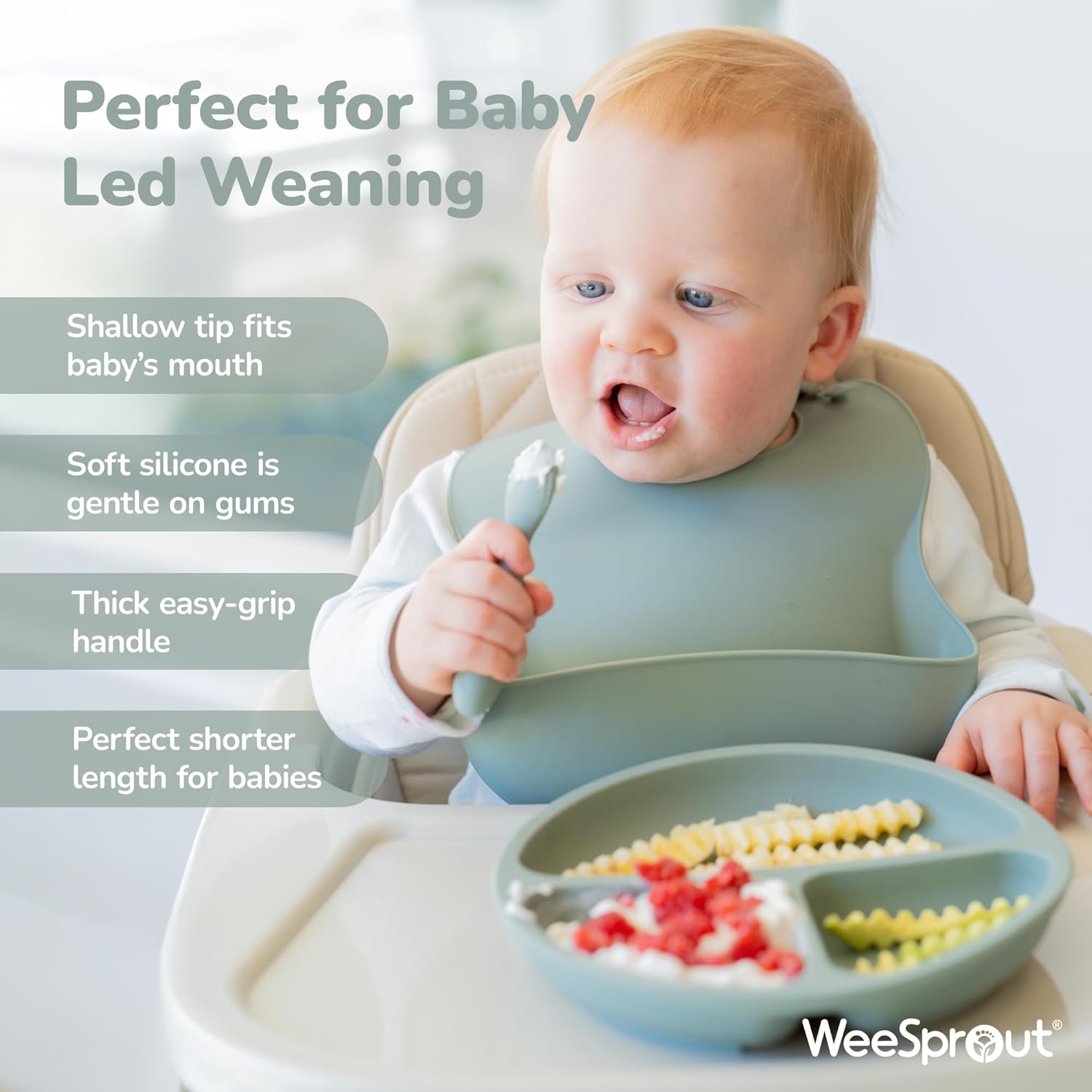 WeeSprout First Feeding Set - Silicone Baby Training Cup 2 Oz, Suction Bowl 10 Oz with Lid & 2 Baby Led Weaning Spoons - For Children 6+ Months - Non-Slip Grip - Dishwasher & Microwave Safe