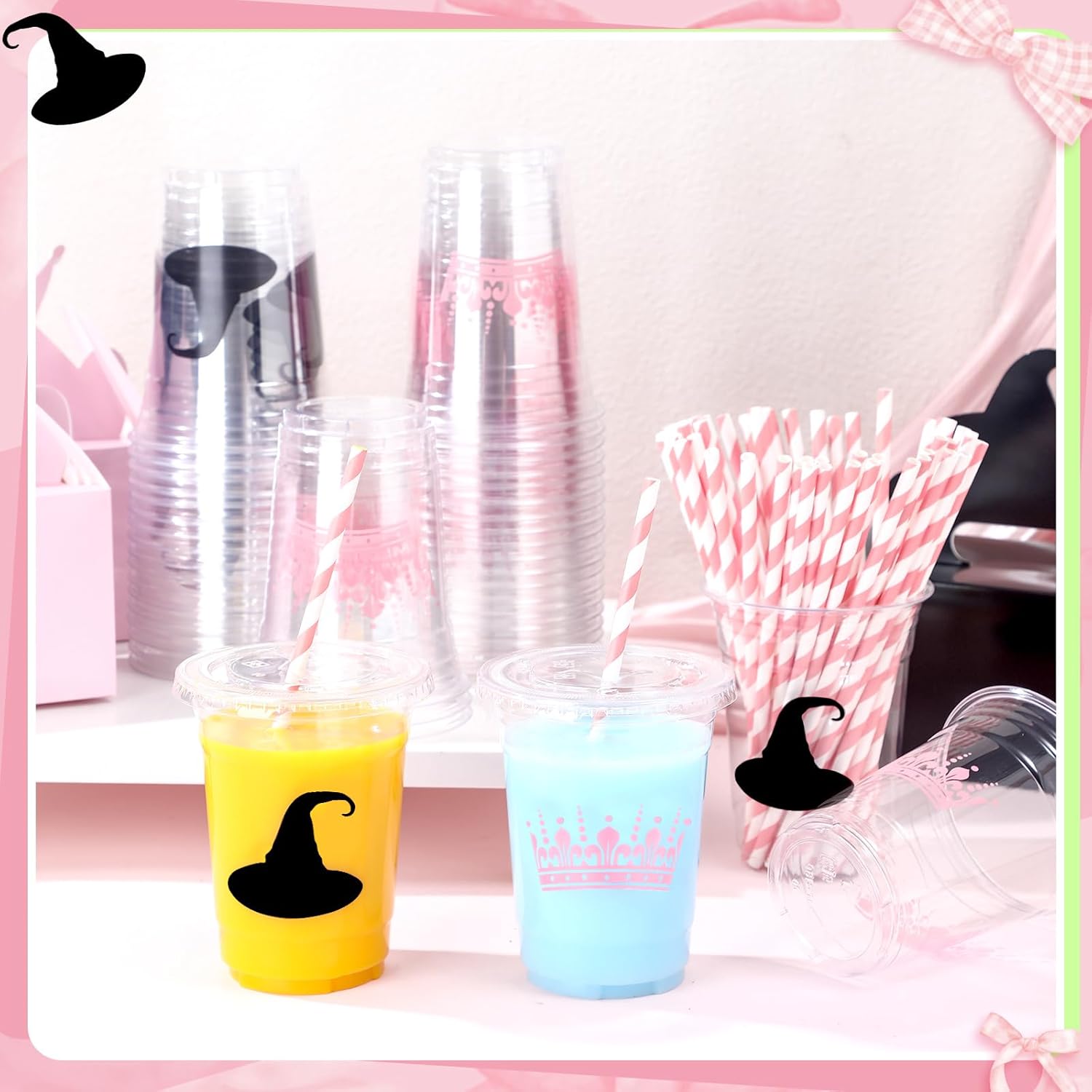 50 Pcs Witch Theme Party Decoration 16 oz Plastic Cups with Lids and Paper Straws for Witch and Princess Themed Birthday Party Favors Supplies - Image 3