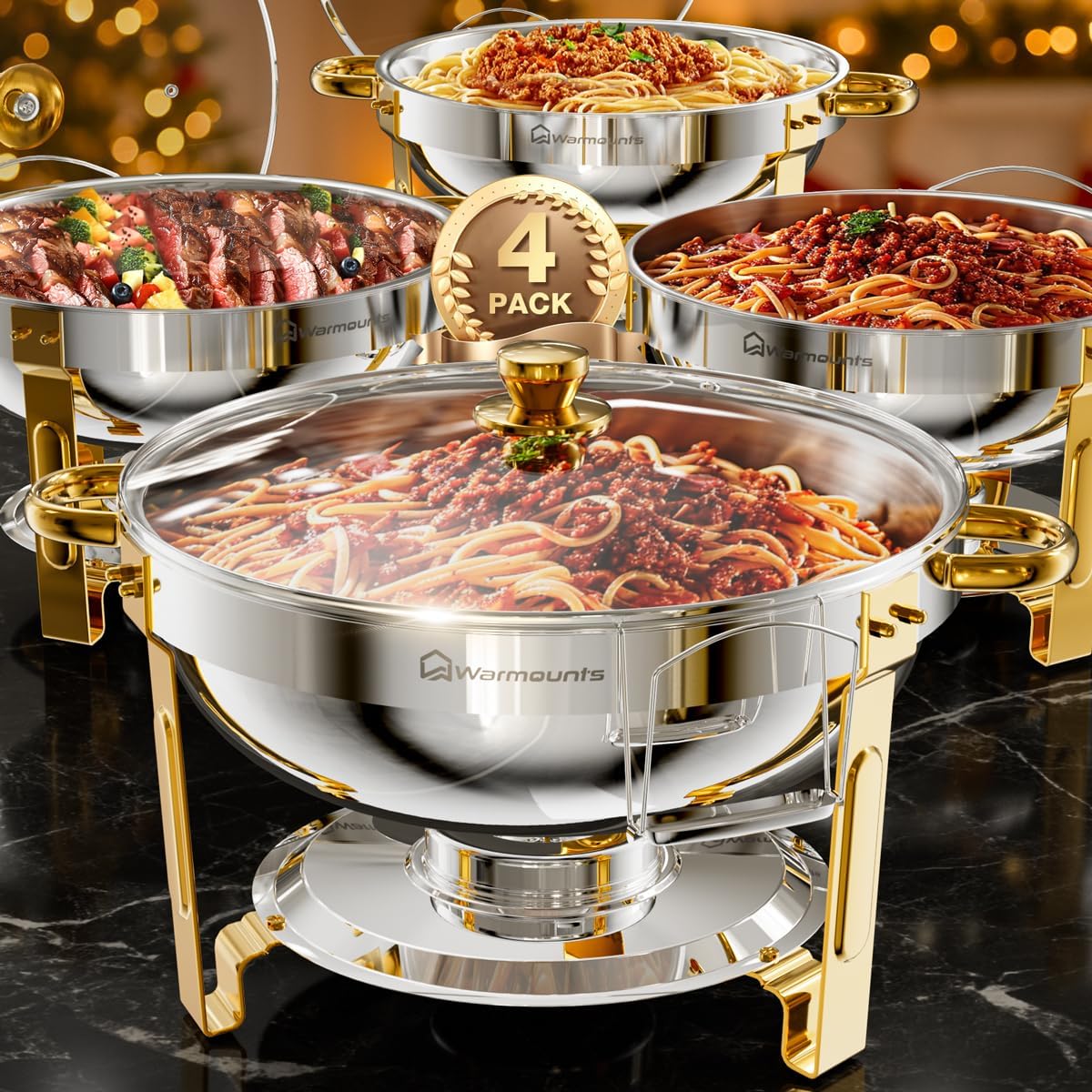 WARMOUNTS Gold Chafing Dishes for Buffet with Glass Lid (5QT, 4Pack), Round Chafers and Buffet Warmers Set with Mirror-Polished Stainless Steel, Rolled Rim, Stackable, Lid Holder for Parties, Weddings