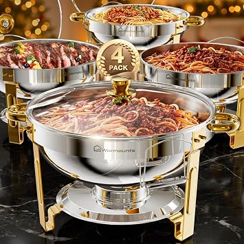WARMOUNTS Gold Chafing Dishes for Buffet with Glass Lid 5QT, 4Pack, Round Chafers and Buffet Warmers Set with Mirror-Polished Stainless Steel, Rolled Rim, Stackable, Lid Holder for Parties, Weddings