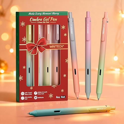 WRITECH Bolígrafos de gel de punta fina: 0.5mm, 4 unidades, bolígrafo retráctil con clic, tinta negra, color estético degradado, cañón suave para