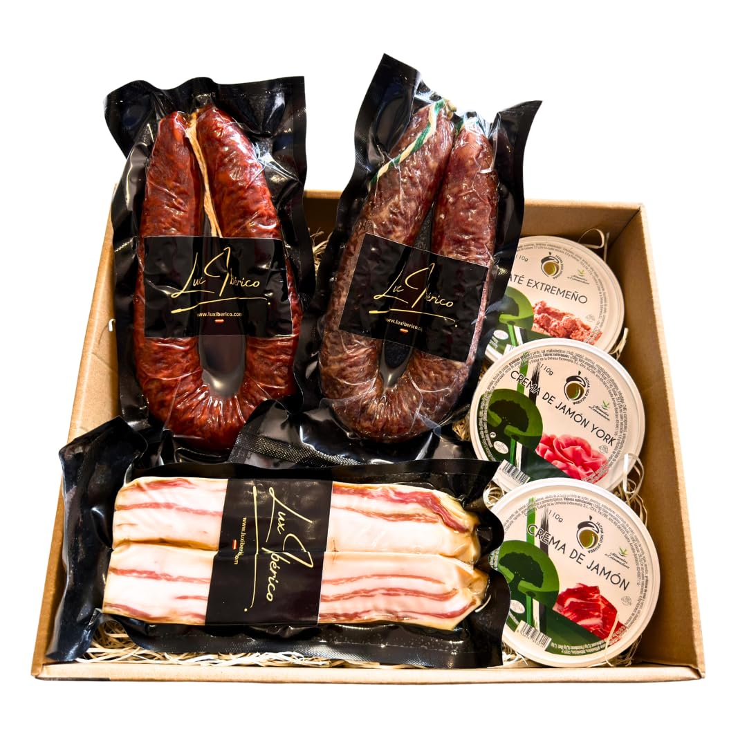 Lux Ibérico Lote Platon - Patés Extremeños, Panceta y Embutido | Chorizo y salchichón ibérico, panceta curada y tres patés extremeños para untar. Aperitivo completo listo para regalar.