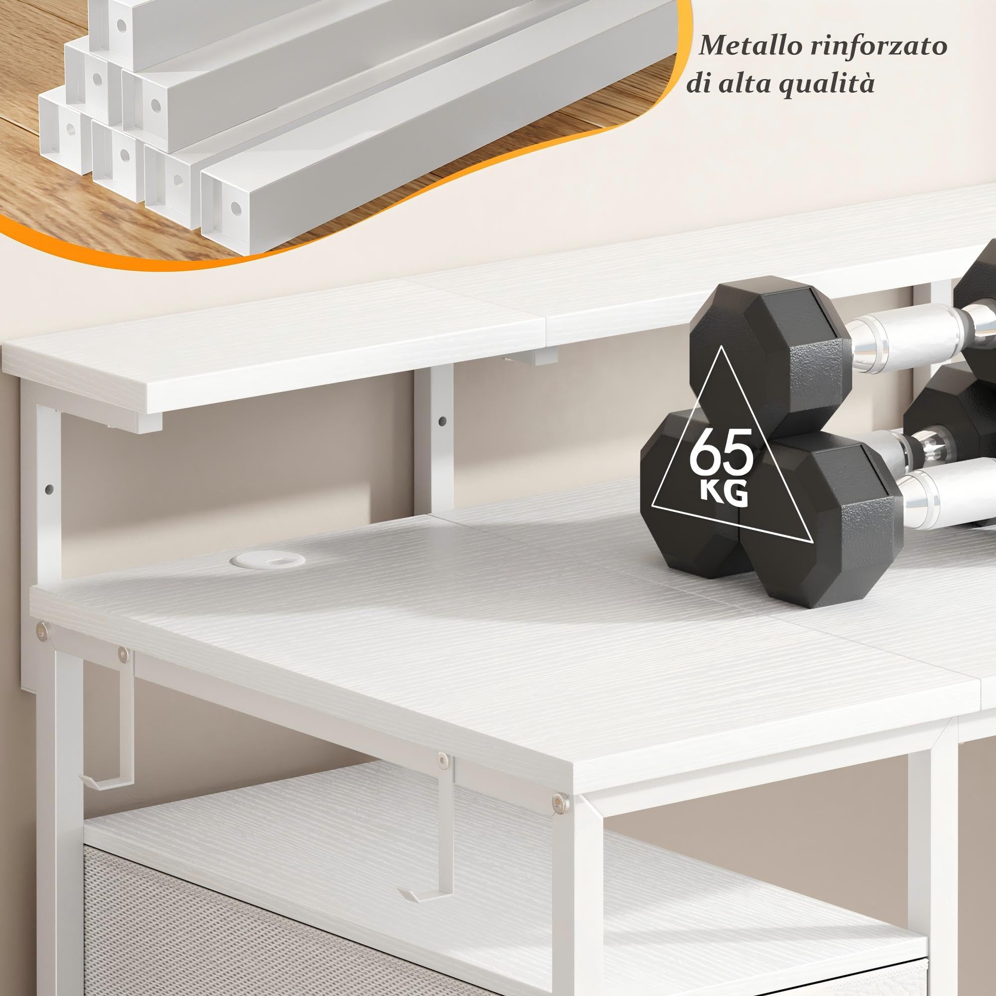 140x48 cm Rettangolare Scrivania per Studiare, Lavoratori, Bianco | Ergonomia Scrivania con 2 Cassetti, 1 Organizzatore Appeso, Supporto per Monitor, 3 Altezza regolabile, Gancio per Gaming