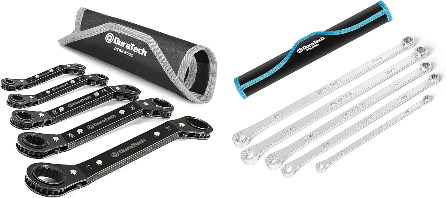 DURATECH 5 Pc Double Offset Box End Reversible Ratcheting Wrench Set&5-Piece 0 Degree Offset Extra Long Wrench Set